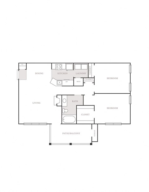 Floor plan for 2 beds, 1 bath, 1131 sqft